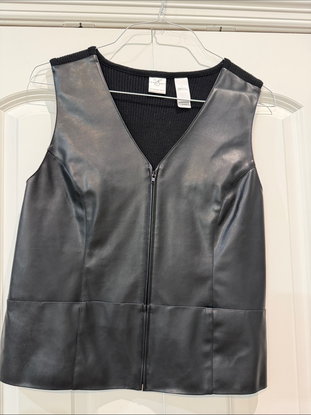 Emma James Black Ribbed Sleeveless Top with Faux Leather Trim